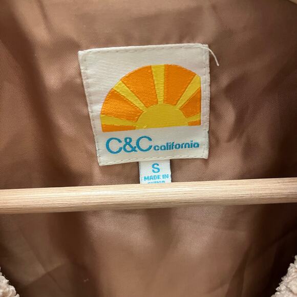 C&C California Faux Shearling Moto Jacket Women Small Tan Teddy Sherpa Zip Coat - Picture 5 of 6